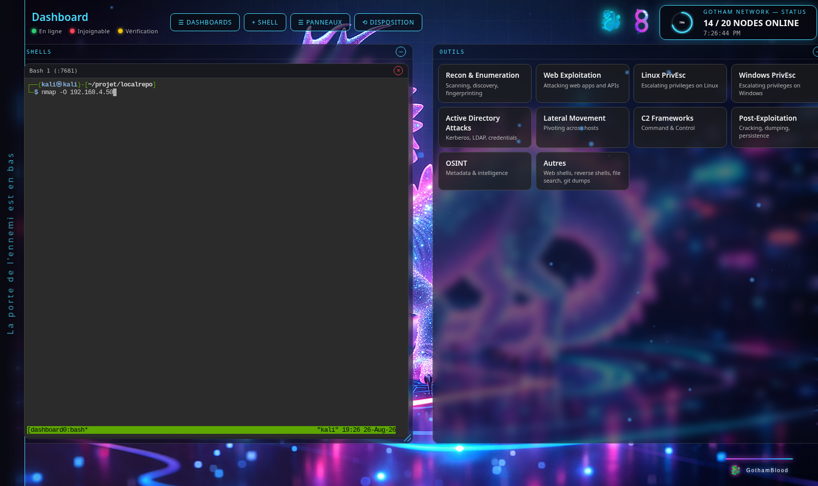 Même dashboard avec Shells déplacé à gauche et Outils redimensionné en colonne à droite