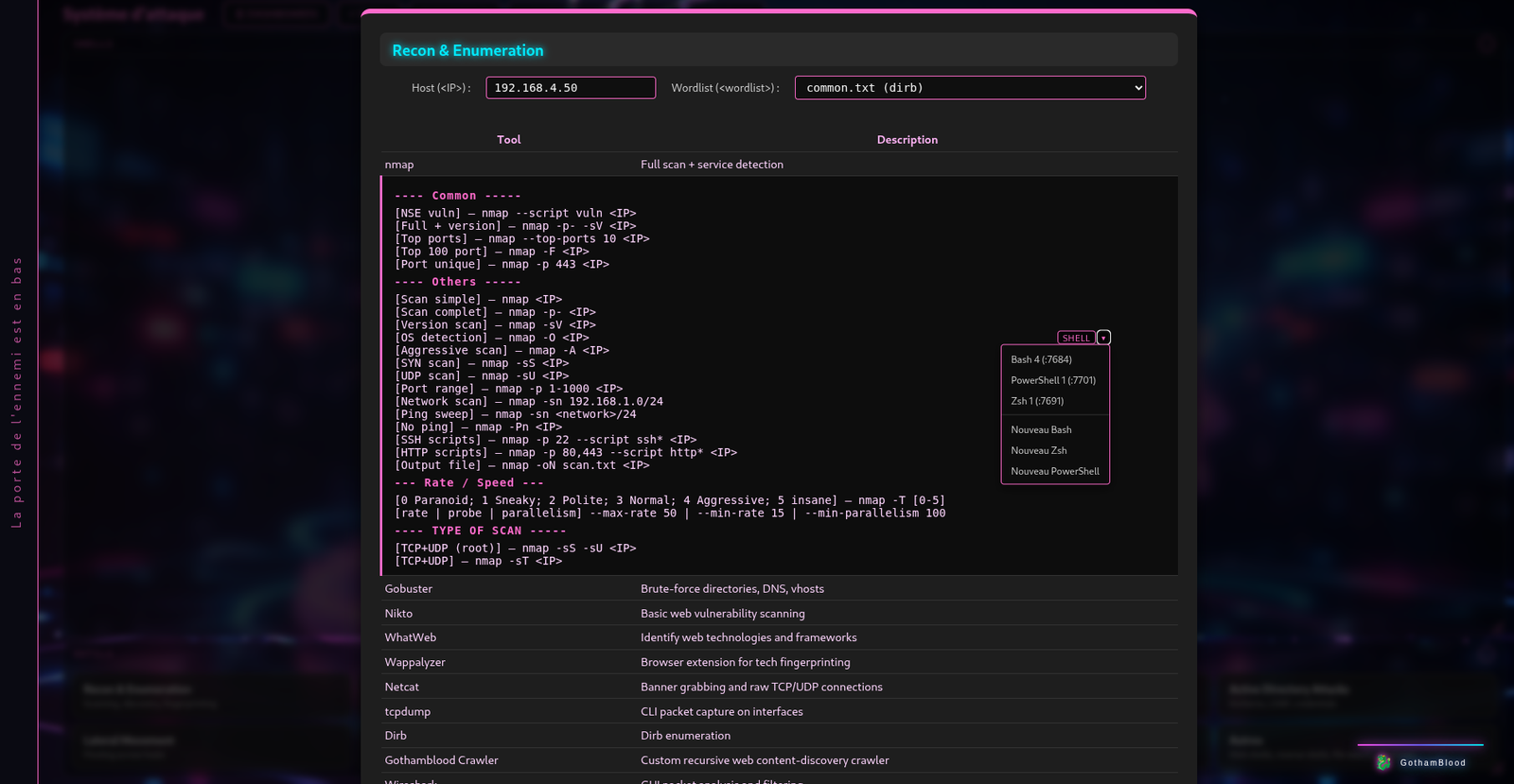 Sous-options d’un outil (nmap) : commandes groupées par rubrique -- Common, Others, Rate / Speed, Type of scan -- et le sélecteur SHELL déroulé (Bash, PowerShell, Zsh existants ou nouveau shell) pour choisir où envoyer la commande