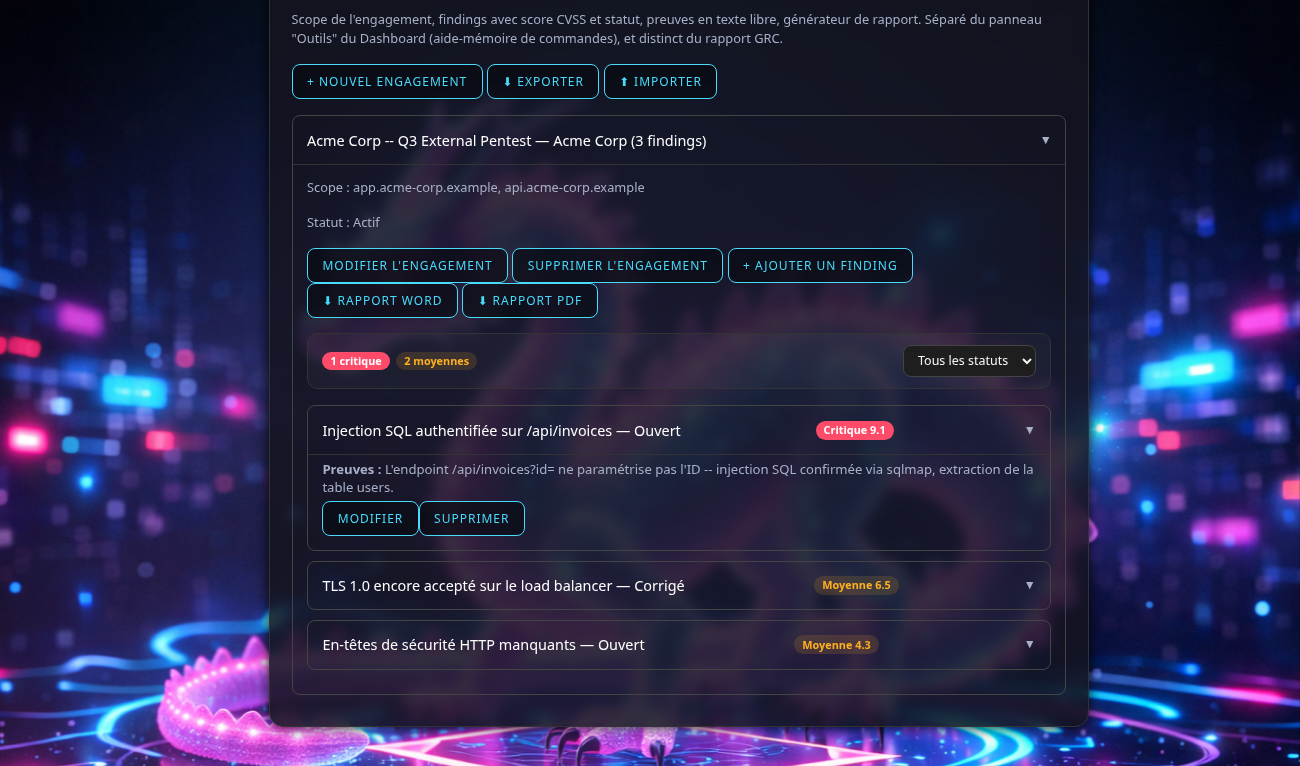 Tracker de findings : engagement avec 3 findings, badges de sévérité colorés, un finding critique déplié montrant ses preuves