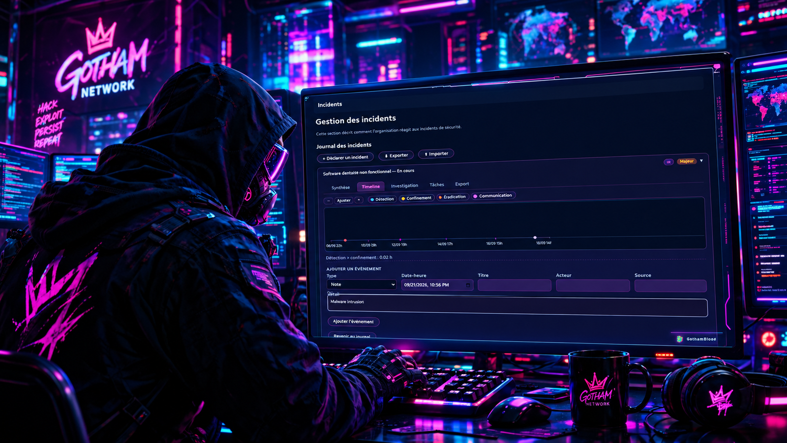 Illustration cyberpunk du module Incidents de NeonFlare : journal d'incident avec timeline détection/confinement/éradication/communication et formulaire d'ajout d'événement